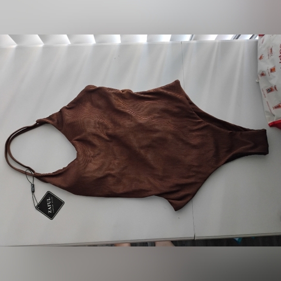 ZAFUL One Piece  Lace Up Tie Back Ribbed Fully Lined Tummy Control Scoop Padded - Picture 5 of 13